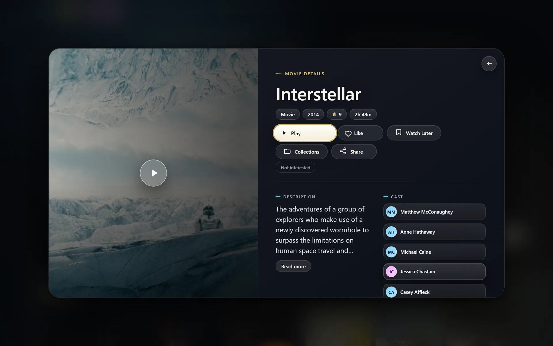 ABDX movie details for Interstellar: play, like, watch later, collections and share buttons, description and full cast