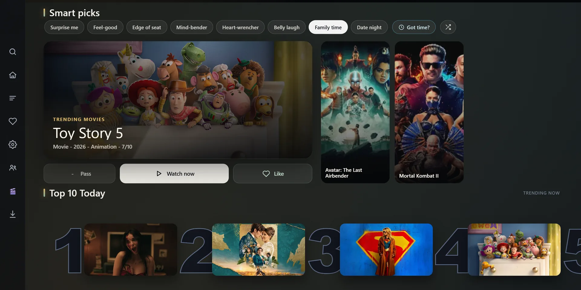 ABDX home screen: the smart-picks deck on Family time mood suggesting Toy Story 5, with mood chips and the Top 10 rail