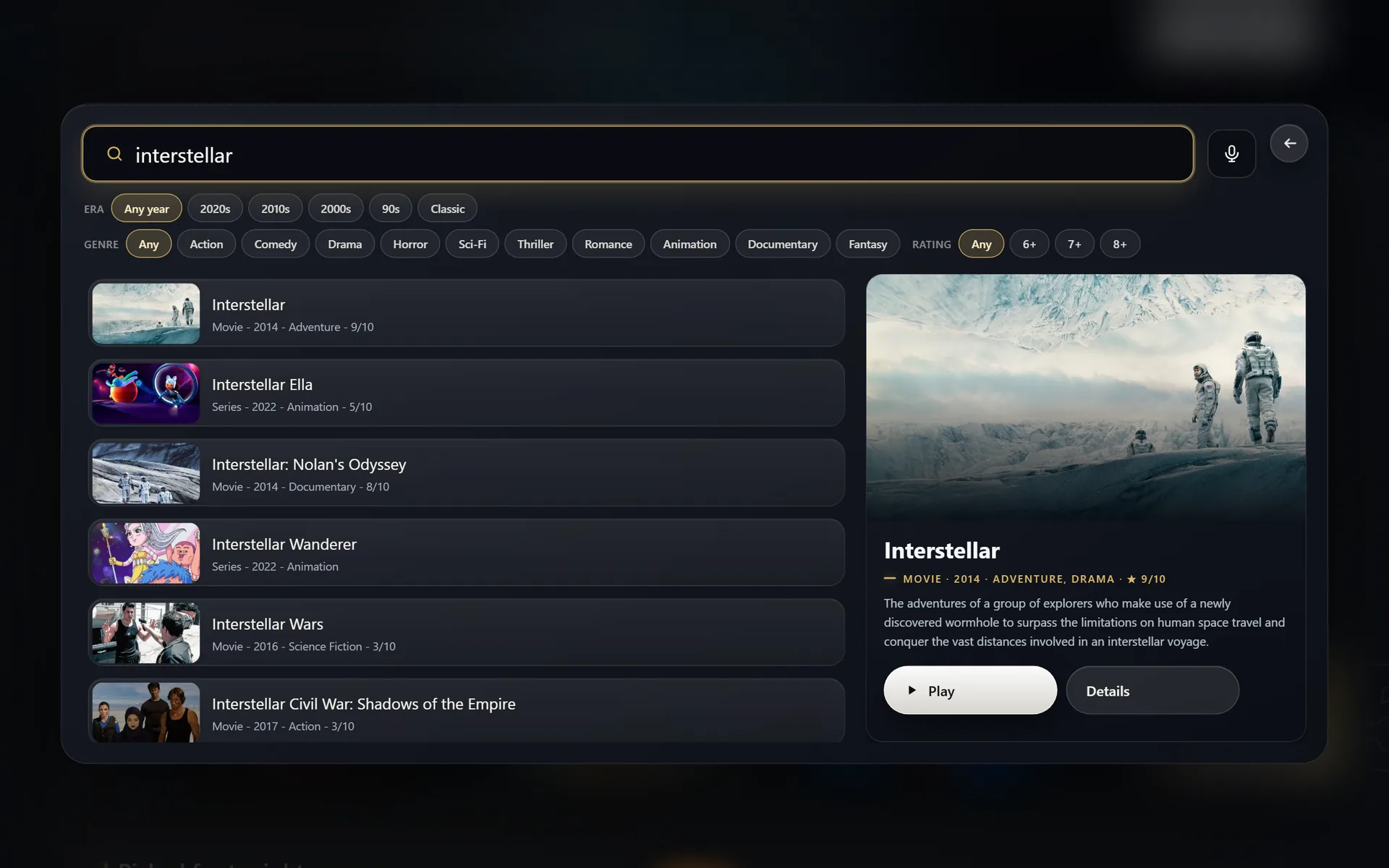 ABDX search: results for 'interstellar' with era, genre and rating filters and a live preview showing the movie with Play and Details buttons