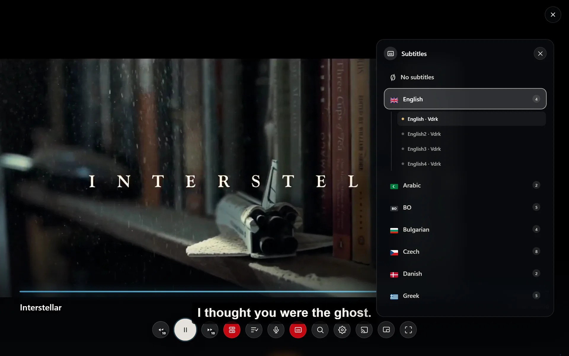 The ABDX player during Interstellar with the subtitles panel open, listing English, Arabic, Bulgarian, Czech, Danish and Greek tracks